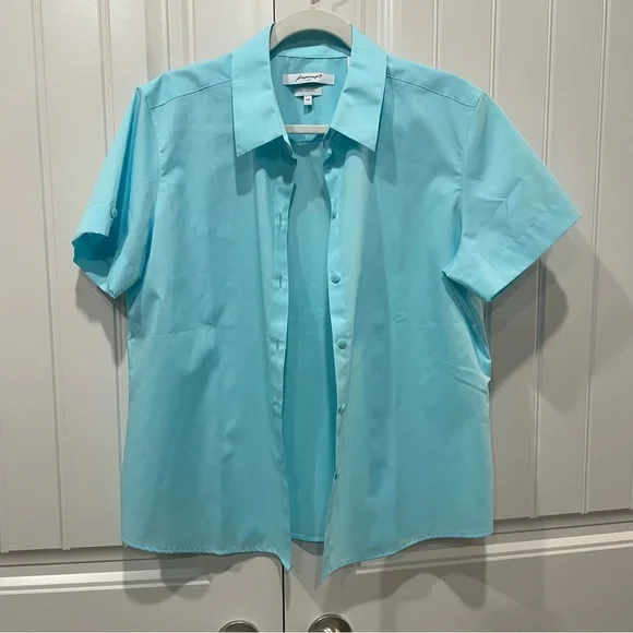 Foxcroft Blue Short Sleeve Button Down Shirt Wrinkle Free Shaped Size 14 Petite - Picture 2 of 5